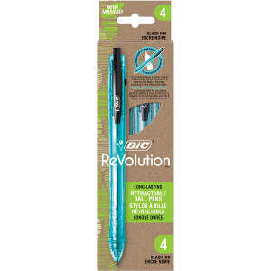 BIC ReVolution Ocean-Bound 73% Recycled Plastic Ball Pen, Medium Point (1.0 mm), 100% Recycled Packaging, Black, 4pk