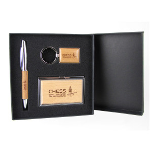 CHESS Silver and Wood Gift Set with Pen, Keychain & Business Card Case